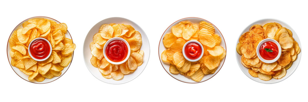 Set of potato chips and tomato ketchup on a plate  top view isolated on a transparent background