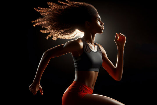African female athlete running isolated on solid a black background. ai generative