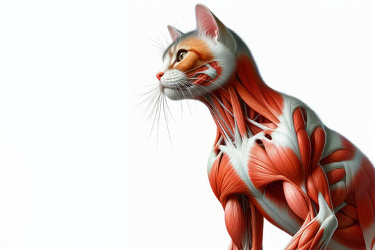 cat anatomy showing body and head, face with muscular system visible isolated on solid white background. ai generative
