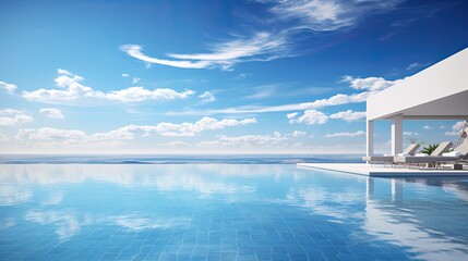 a blue hotel infinity pool under the midday sun, the refreshing and luxurious atmosphere, with the pool extending seamlessly into the horizon.