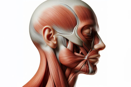 Human anatomy showing head, nose, face with muscular system visible isolated on solid a white background. ai generative