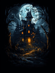 T-shirt design, haunted Victorian mansion, spooky and atmospheric, dark and stormy night, gothic horror style created with Generative Ai