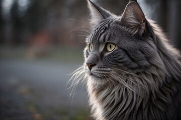 Maine coon grey cat outside close up staring background wallpaper