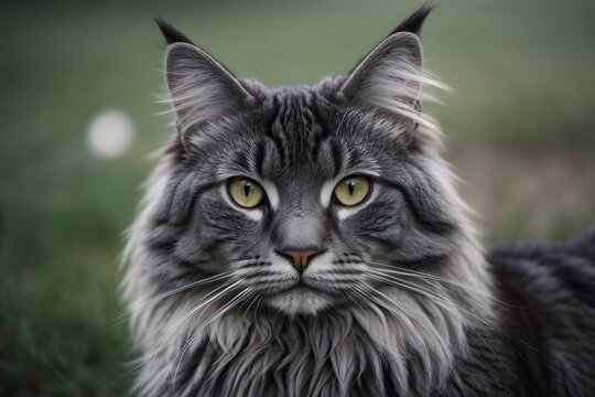 Maine coon grey cat outside close up facing with face background wallpaper