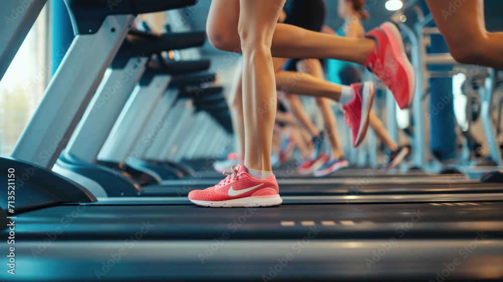 Poster a group of people running on a treadmill. perfect for fitness and exercise concepts