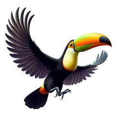 A toucan bird flies towards the camera. Isolated on white background.