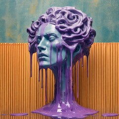Surreal y2k style baroque sculpture with purple slime substance dripping and orange corrugated...