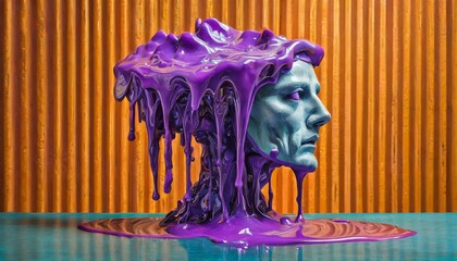 Surreal y2k style baroque sculpture with purple slime substance dripping and orange corrugated...