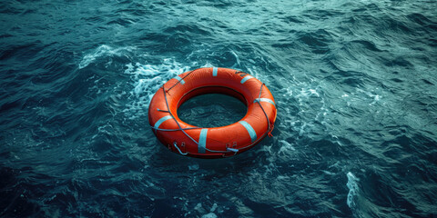an orange lifebuoy floating in the ocean