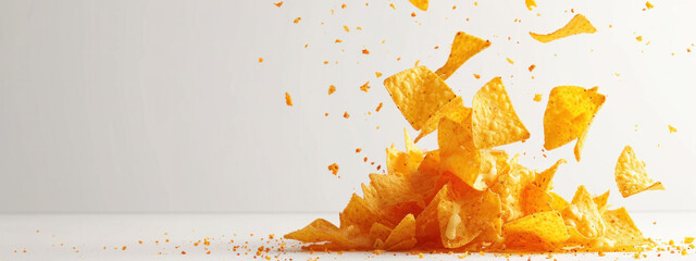 A dynamic explosion of golden tortilla chips scattered across a white surface, creating a lively and appetizing visual of a popular snack. - obrazy, fototapety, plakaty