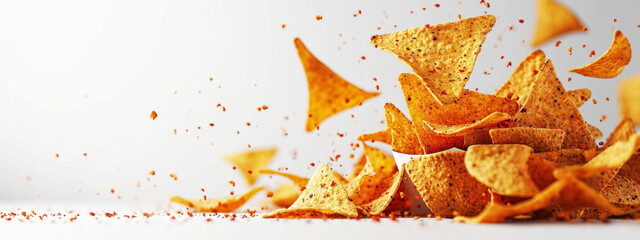 Scattered tortilla chips lie on a white surface, with a few in mid-air, suggesting a festive and casual snacking atmosphere. - obrazy, fototapety, plakaty