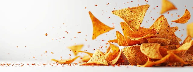 Foto op Aluminium Scattered tortilla chips lie on a white surface, with a few in mid-air, suggesting a festive and casual snacking atmosphere. © Liana