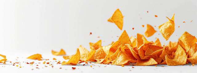 A lively scene of tortilla chips flying above a white cup, symbolizing a joyous and carefree moment, perfect for sharing with friends.