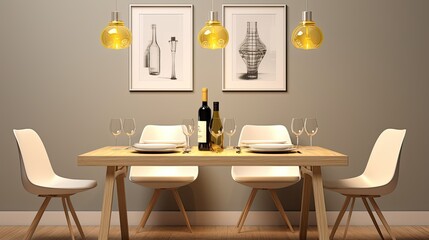 a dining table in the foreground, elegantly set with a bottle of white wine and white wine glasses, the inviting ambiance and sophistication of a ready-to-enjoy dining experience.