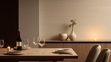 a dining table in the foreground, elegantly set with a bottle of white wine and white wine glasses, the inviting ambiance and sophistication of a ready-to-enjoy dining experience.