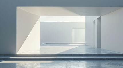 Fototapeta premium Modern minimalist architecture, a serene space with direct sunlight casting sharp shadows, reflecting simplicity and design, suitable for an International Film Festival setting.