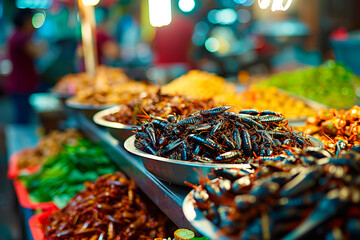 Sustainable Protein: Fried Insects Display. Insect Cuisine: Tasting the Future - obrazy, fototapety, plakaty