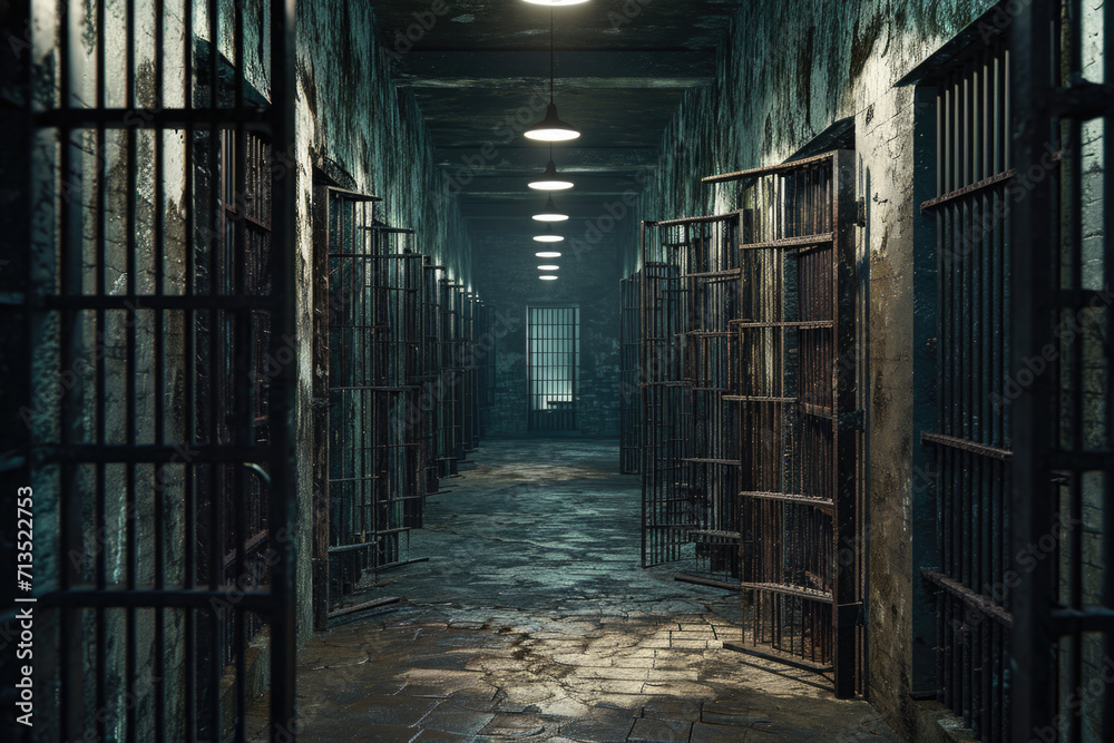 Poster a dimly lit hallway in a prison cell block. this image can be used to depict the atmosphere of a pri