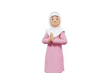 3d illustration of muslim woman greeting with white shirt and transparent background