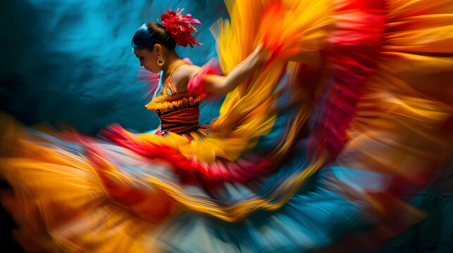 the vibrant energy of a flamenco dancer in full performance. The image features the dancer, dressed in a traditional, colorful flamenco outfit with ruffles and flowing fabric, mid-twirl
