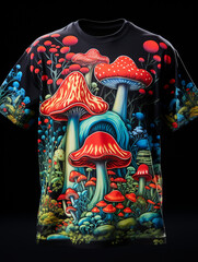 T-shirt design, psychedelic mushroom forest, vibrant and swirling colors, surreal landscapecreated with Generative Ai