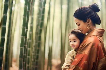 Fototapeta premium asian family with child in Bamboo Forest wearing traditional Japanese kimono at Bamboo Forest in Kyoto, Japan