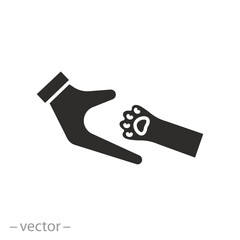 shelter animals icon, pet friendly, hand with cat paw, flat symbol on white background - vector illustration