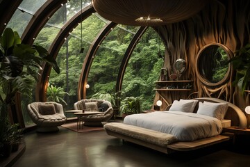 Modern interior of an eco-friendly hotel bedroom with large panoramic windows in a deep jungle