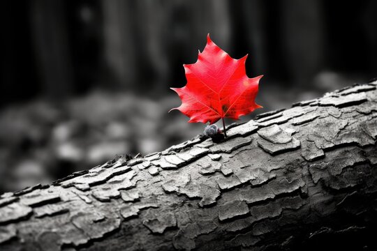 Selective Color - Red Autumn Leaf and Tree Trunk Against Black and White Background. Beautiful