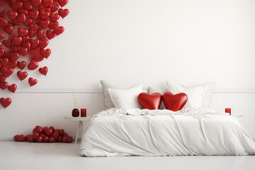 Romantic bedroom interior with heart shaped pillows on a huge bed against a white wall decorated with red balloon hearts