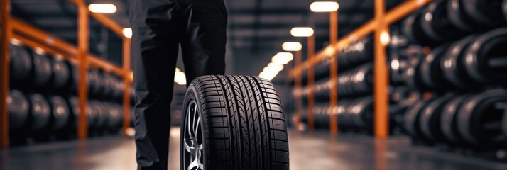New Tyre Service in a Garage Shop: Mechanic Holding Car Tyre Against a Backdrop of Garage, Ideal