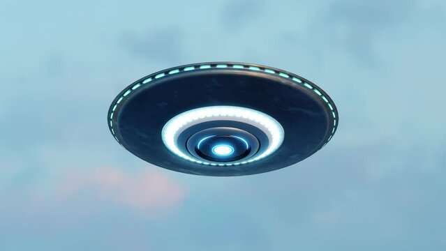 UFO Flying Saucer in Sky and isolated on Green Screen Chromakey background for keying. Looped Footage of Starship. Animation of Rotating Flying spacecraft.