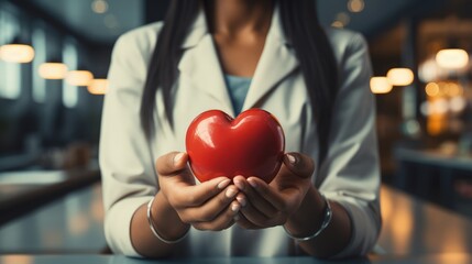 A doctor's hands cradle a glossy red heart, symbolizing care and compassion in healthcare, with a warm, bokeh light-filled hospital background.