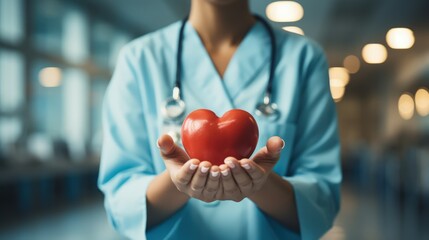 A healthcare professional in blue scrubs holding a red heart symbolically, conveying compassion and...