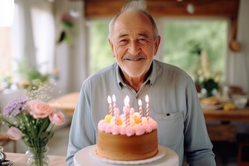 In the midst of merriment, an elderly man gleefully marks his birthday, holding a festive cake in the joyous atmosphere.