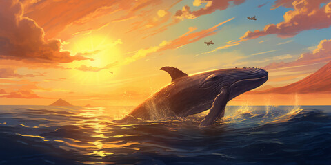 Blue whale fish jumping out of ocean water, a big wale is swimming on the sea, The huge whale on sunset, illustration of a whale in the sky during sunset, realistic painting, classical painting, 
