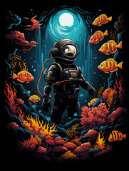 T-shirt design, underwater explorer, vintage diving suit, surrounded by colorful coral reef and exotic fish created with Generative Ai