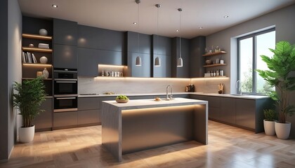 Beautiful Modern Luxury Kitchen Interior design with wooden floor and marble table. Design plan interior