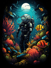 T-shirt design, underwater explorer, vintage diving suit, surrounded by colorful coral reef and exotic fish created with Generative Ai