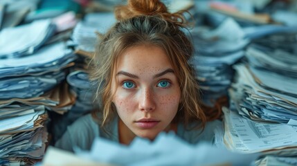 Young woman with blue eyes peering out from mountains of paperwork, evoking stress and the overwhelming nature of administrative work.