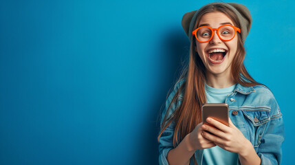 A close-up of a young teenage girl reacting with a broad, goofy smile upon seeing something on her smartphone - obrazy, fototapety, plakaty