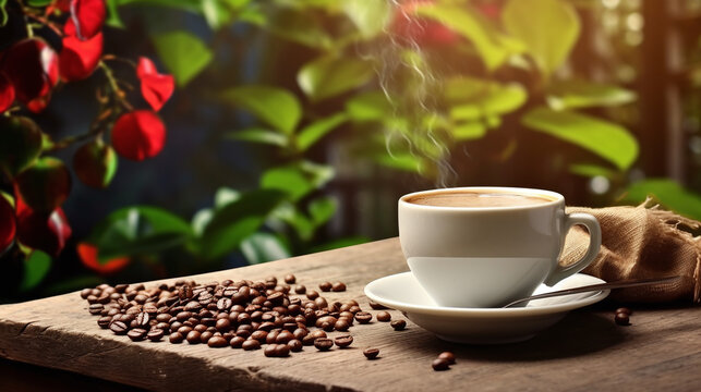 cup of coffee with beans and red fruits in background