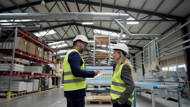 Female engineer and male supervisor standing in modern industrial factory, talking about production. Team management in manufacturing facility