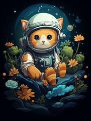 Fototapeta premium T-shirt design, playful astronaut cat, floating in zero gravity, fish-shaped stars, whimsical, cute and quirky, bright oranges and blues created with Generative Ai