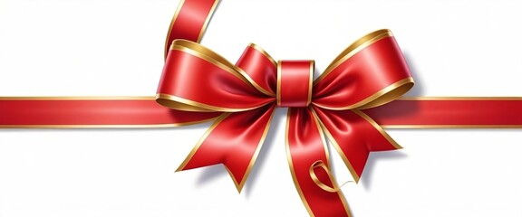 Red ribbon and bow with gold, isolated against white background. Generative AI