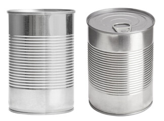 Closeup food canned, mockup preserve food container. Blank Metal cylinder tin can side view isolated on white background. 