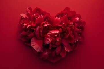 photo of a big red heart shape peony on a red background, flat lay