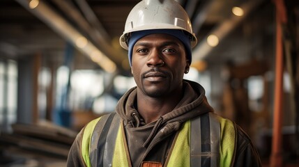 A spectacular portrait depicting a black helmeted worker exuding confidence against the backdrop of a building.