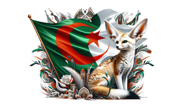 Algerian  Flag With  a fennec  in the Foreground isolated on white background