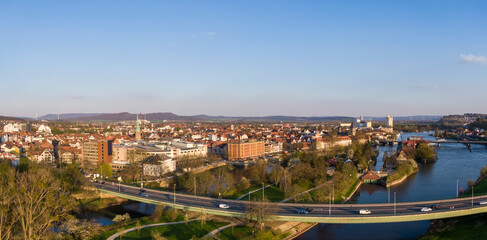 Fototapeta premium Aerial view of Hameln and the river Weser in Germany